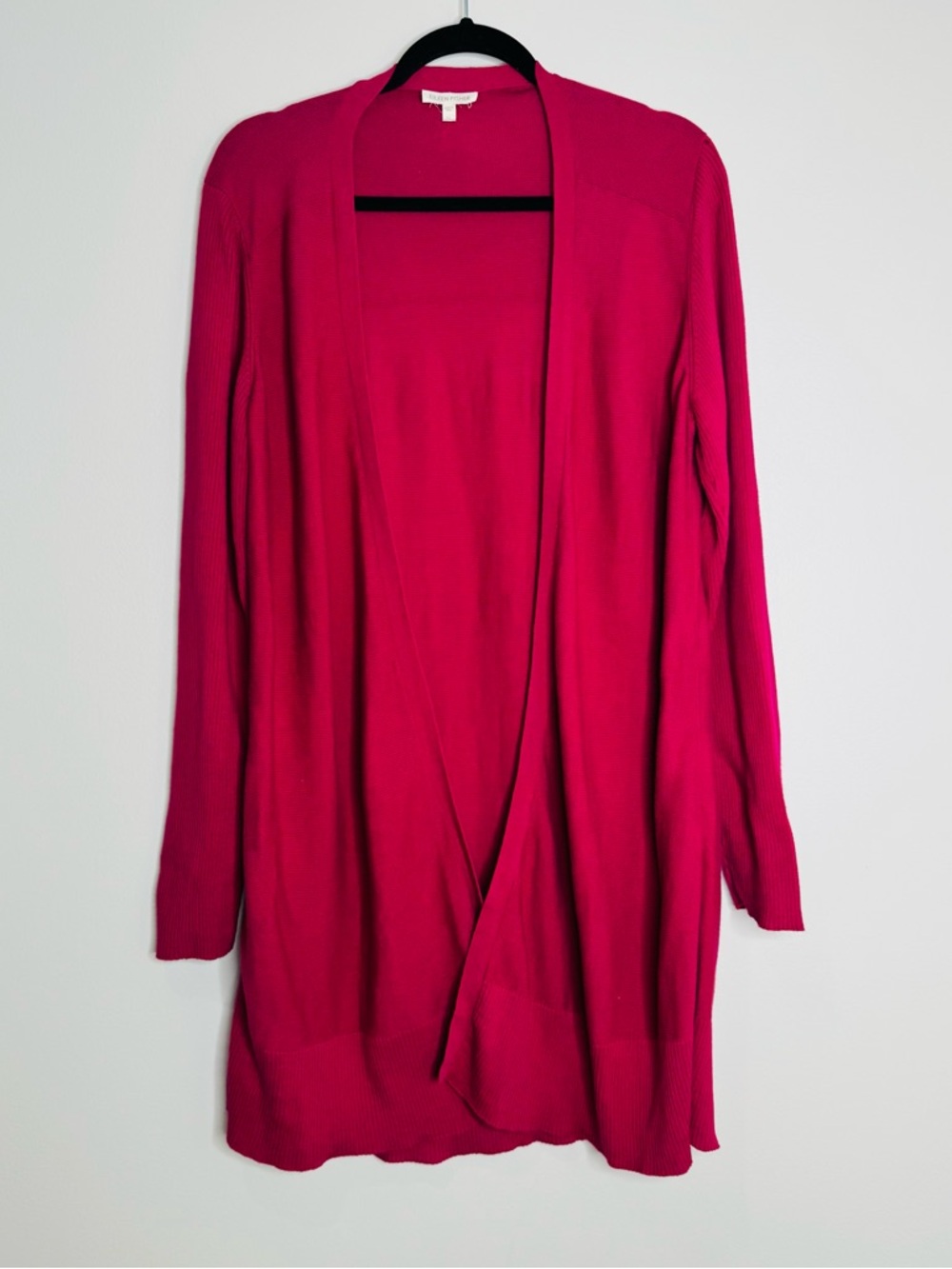 Eileen Fisher 100% Organic Cotton Berry Red Open Front Knit Cardigan XL Longline